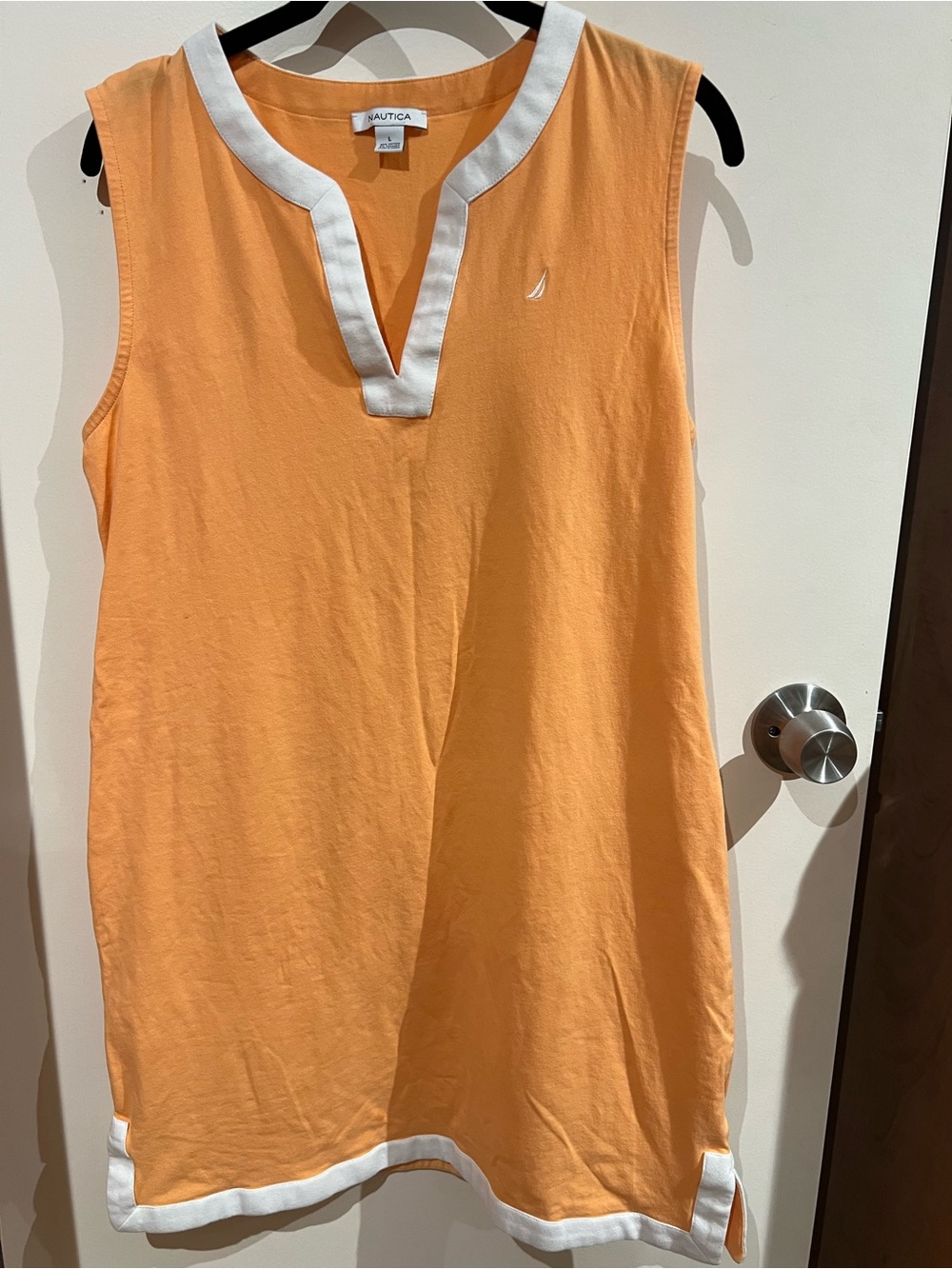 Y2K Nautica Women's Sleeveless V-Neck Tunic Dress - Orange with White Trim